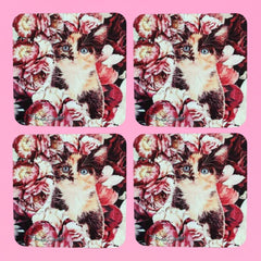 Peony Kitten - Square Coaster - set of 4