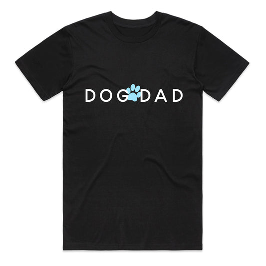 dog dad tee shirt in black with blue paw print logo
